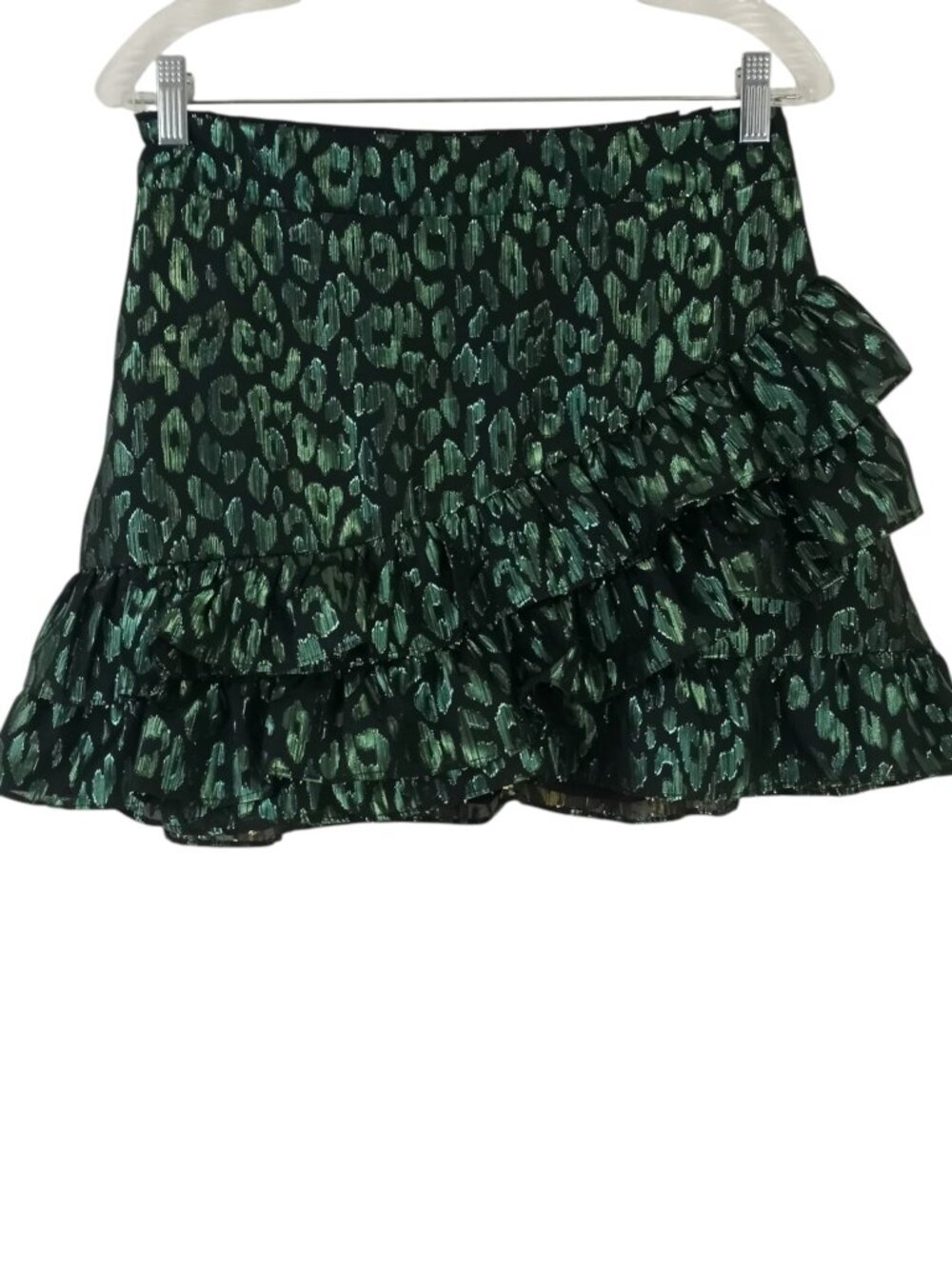 The Impeccable Pig Ruffled Mini Skirt sz L Green Black Metallic Cheetah Print